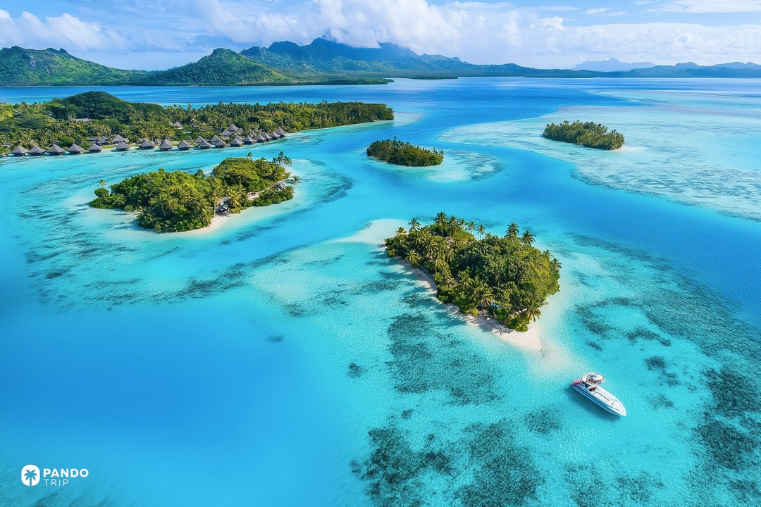Small motu islets inside Bora Bora’s turquoise lagoon in French Polynesia