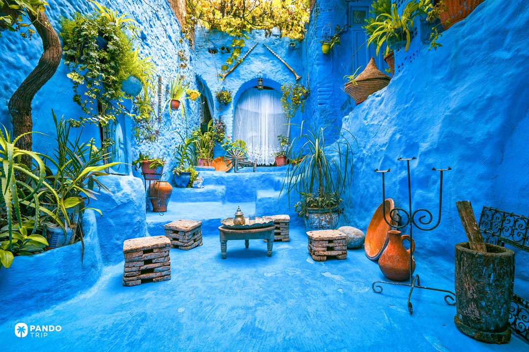 Privately owned courtyard in Chefchaouen decorated with blue walls, flower pots, and traditional Moroccan textiles for photo shoots