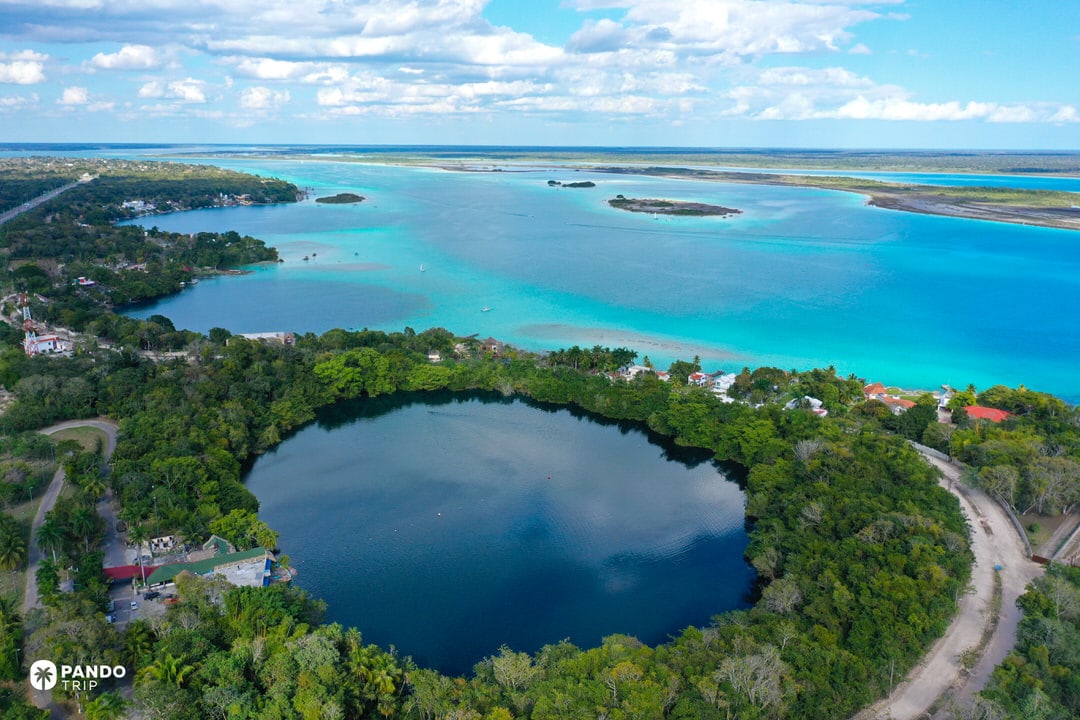 Aerial view of Laguna Bacalar with cenotes along the shoreline in Quintana Roo, Mexico