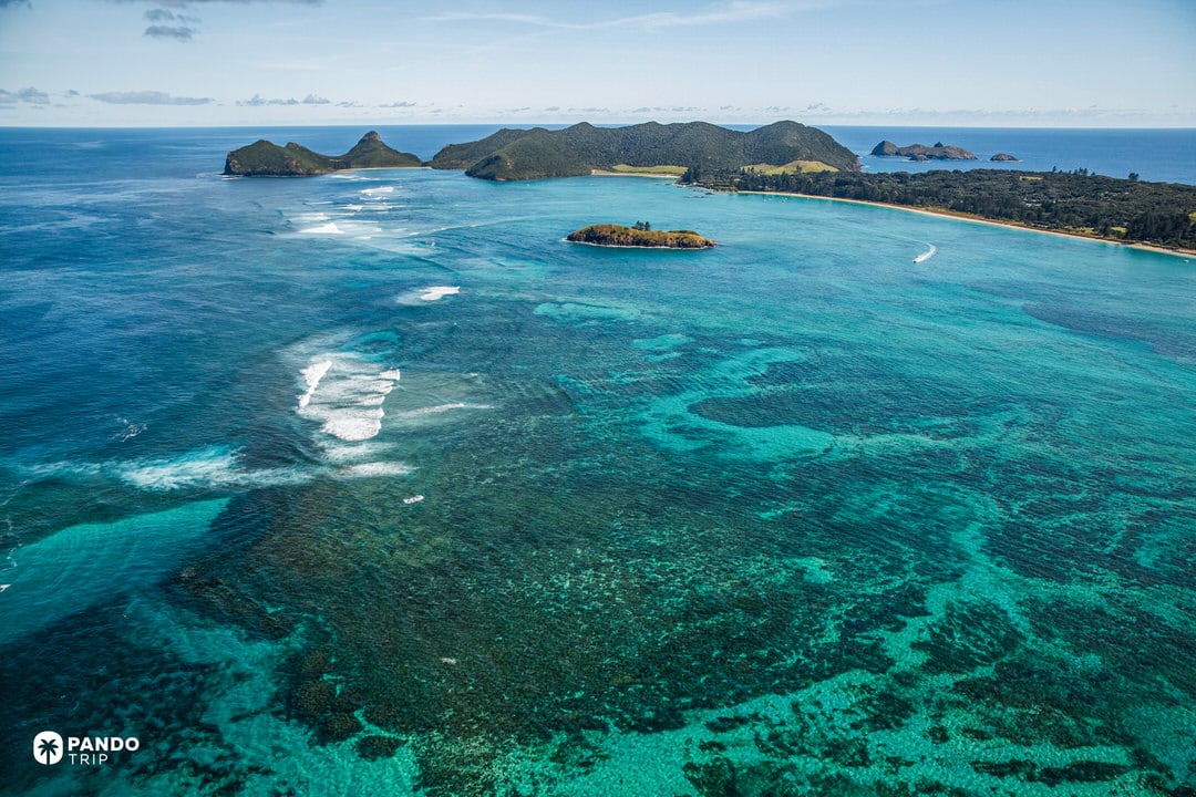 Aerial view of Lord Howe Island lagoon and southernmost barrier reef in Australia