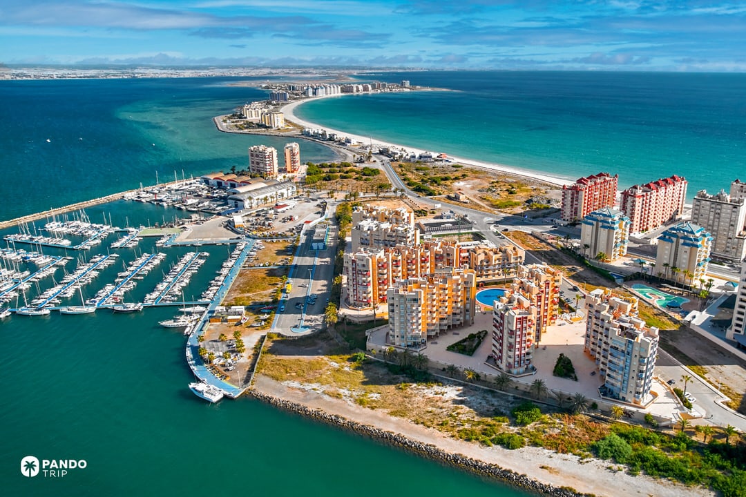 Aerial view of La Manga sandbar separating Mar Menor lagoon from the Mediterranean in Spain