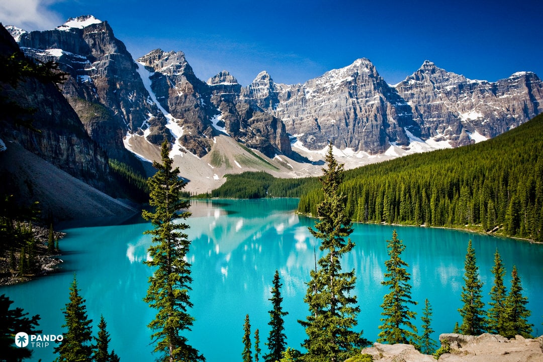 Moraine Lake and the Valley of the Ten Peaks from the Rockpile viewpoint in Banff National Park.
