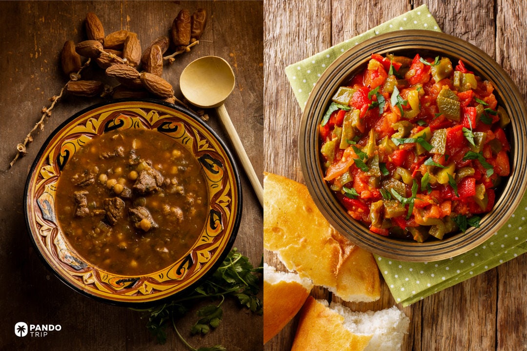 Traditional Moroccan harira soup with chickpeas and lamb served with dates, next to taktouka salad of peppers and tomatoes in Chefchaouen