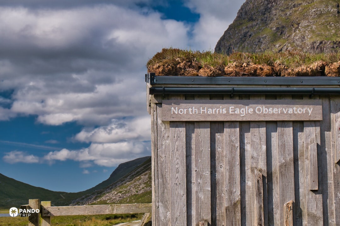 Timber hide of the North Harris Eagle Observatory with hills beyond.
