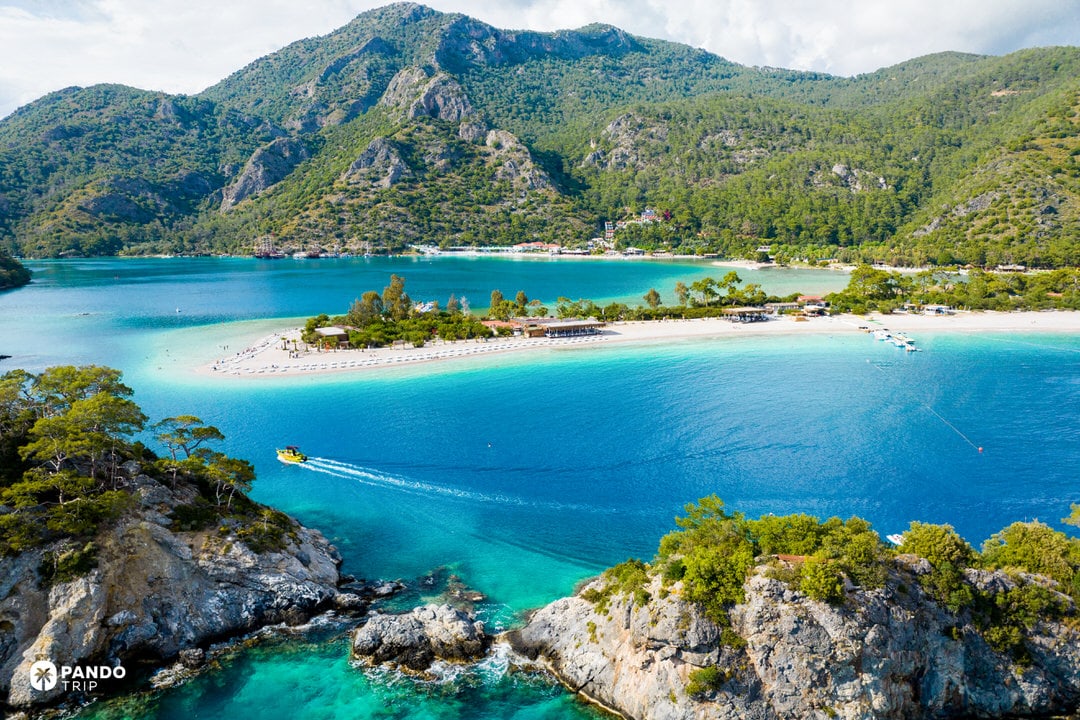 Ölüdeniz Blue Lagoon in Turkey viewed from above, a popular paragliding destination