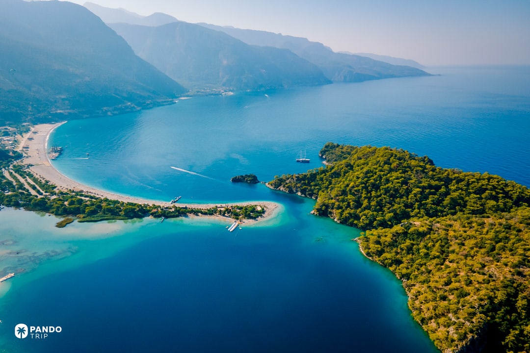Ölüdeniz Lagoon in Turkey surrounded by mountains and the Mediterranean coast