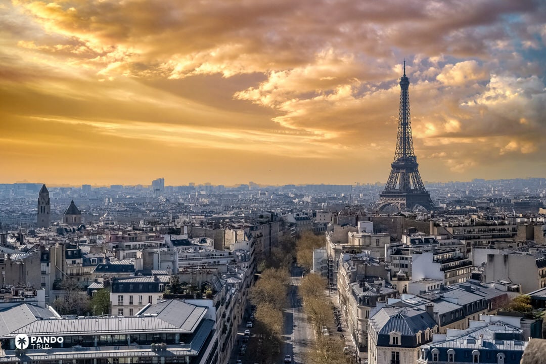 Paris skyline at sunset with the Eiffel Tower rising above tree-lined avenues.