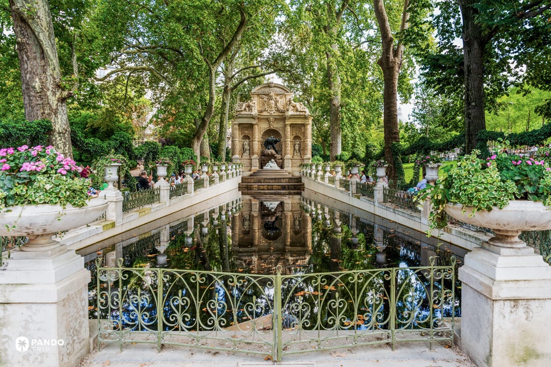 The Medici Fountain and reflecting pool in the Luxembourg Gardens, Paris.