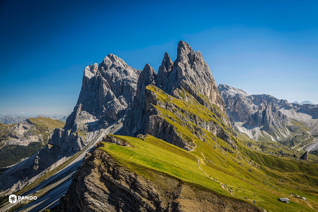 Seceda ridgeline above Val Gardena in the Dolomites on a clear summer day.