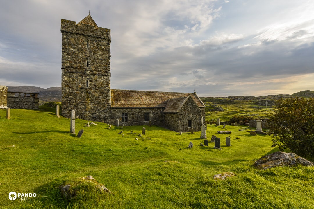 St. Clement’s Church at Rodel with medieval tower and graveyard.