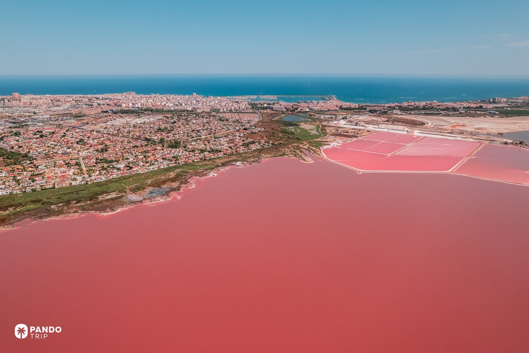 Aerial view of Torrevieja’s pink lagoon and salt pans on Spain’s Costa Blanca.