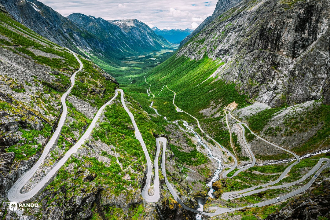 Aerial view of Trollstigen mountain road with tight hairpins